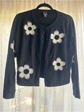 Aaeda Black Floral Appliqué Crewneck Cardigan